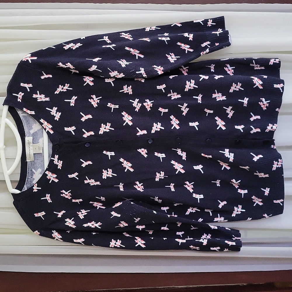 Women's Medium Christopher & Banks navy blue 3/4 sleeve pink dragonflies